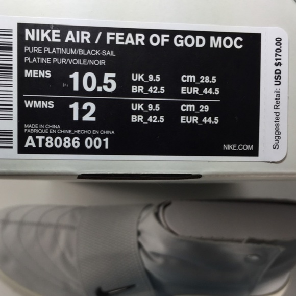 NIB! Nike Air / Fear of God Moccasin, Sz 9.5 (Men) - Picture 7 of 7